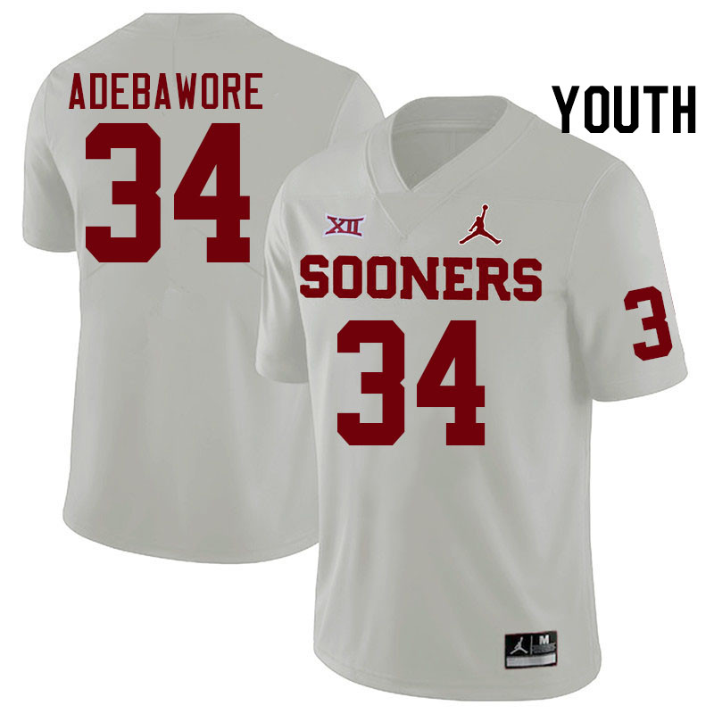 Youth #34 Adepoju Adebawore Oklahoma Sooners College Football Jerseys Stitched-White - Click Image to Close